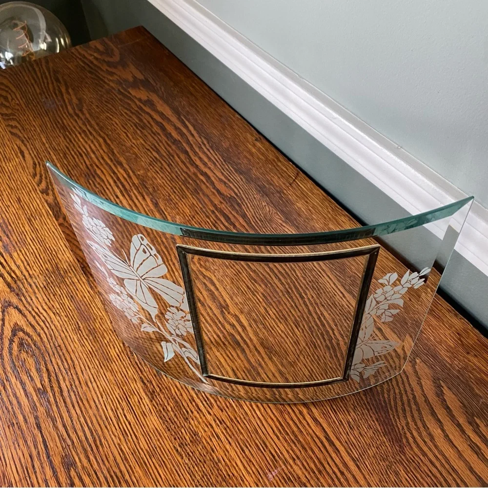Vintage 1980s Curved Glass Photo Frame Etched Frosted Design Butterflies Flowers